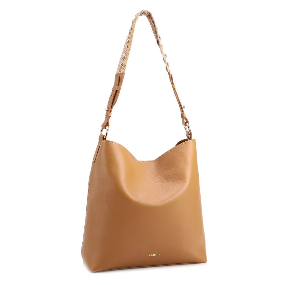 Bolsa Hobo Grande Couro Marrom Claro Alça Ráfia Lenço - imagem 2