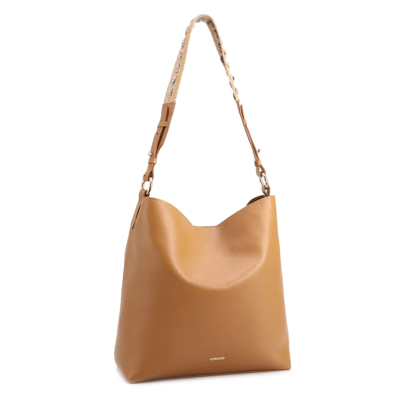 Bolsa Hobo Grande Couro Marrom Claro Alça Ráfia Lenço - foto 2