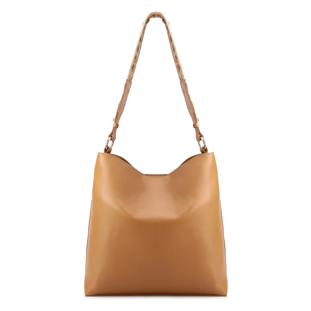 Bolsa Hobo Grande Couro Marrom Claro Alça Ráfia Lenço - imagem 3