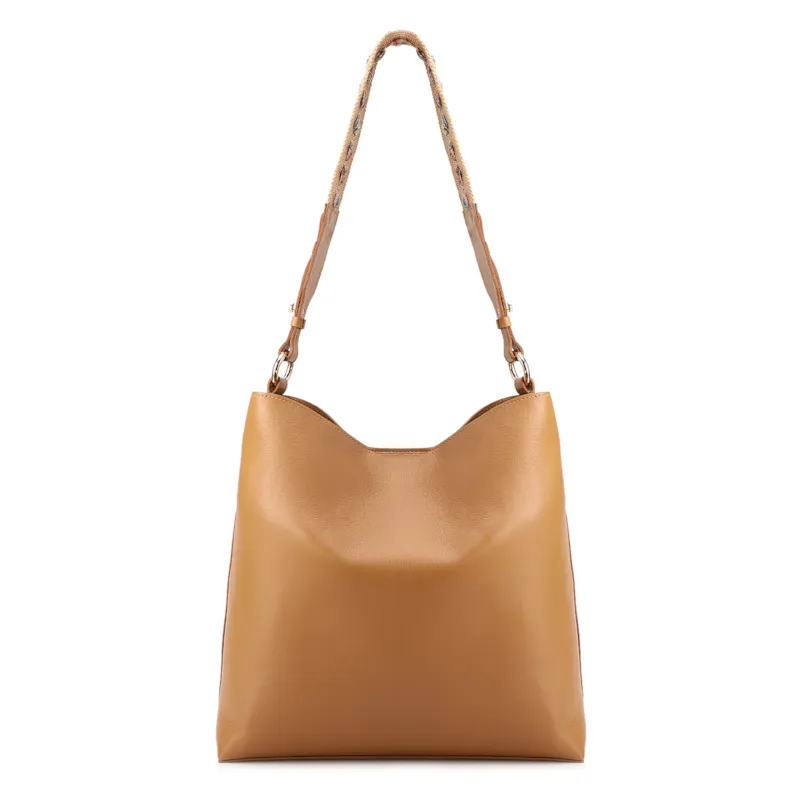 Bolsa Hobo Grande Couro Marrom Claro Alça Ráfia Lenço - foto 3