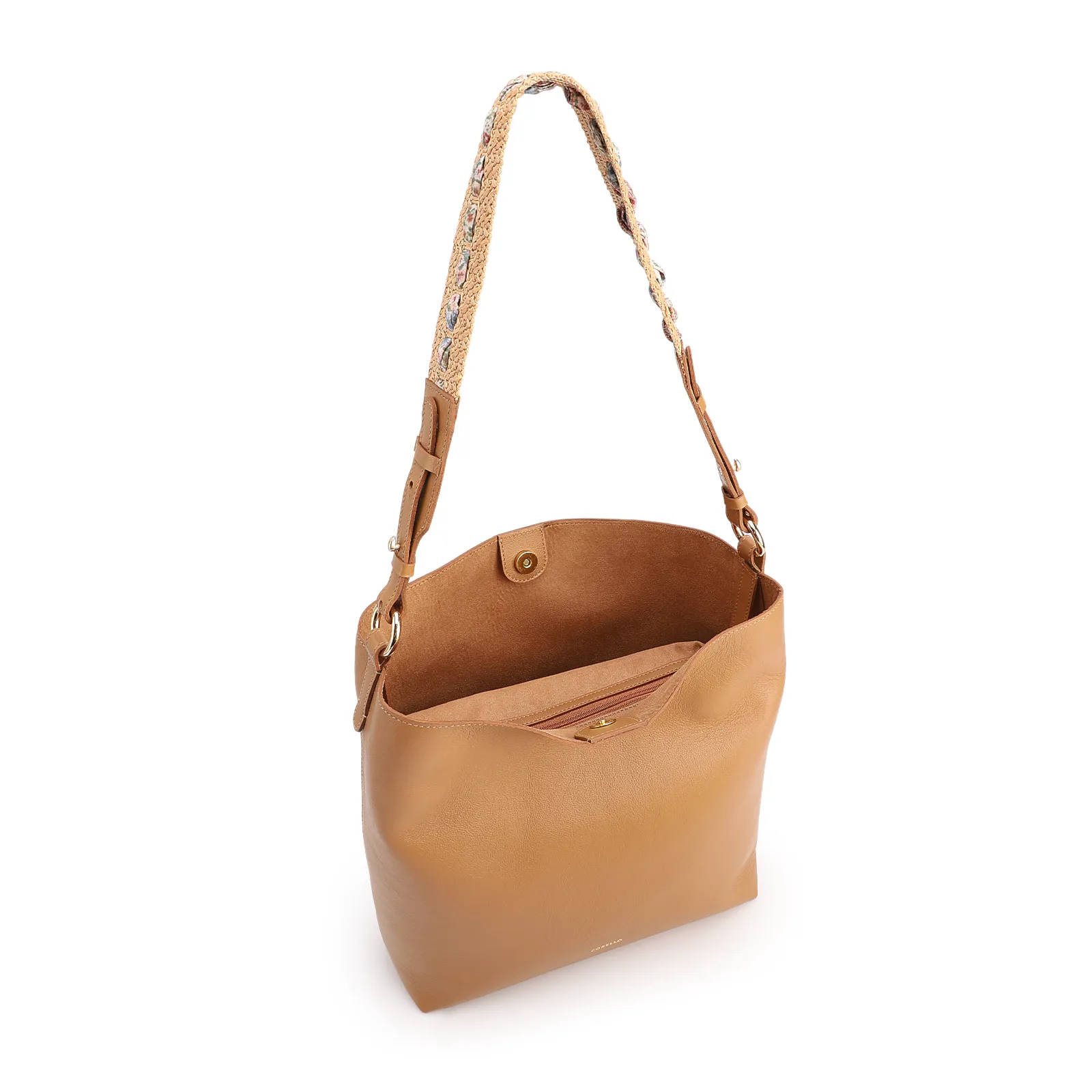 Bolsa Hobo Grande Couro Marrom Claro Alça Ráfia Lenço