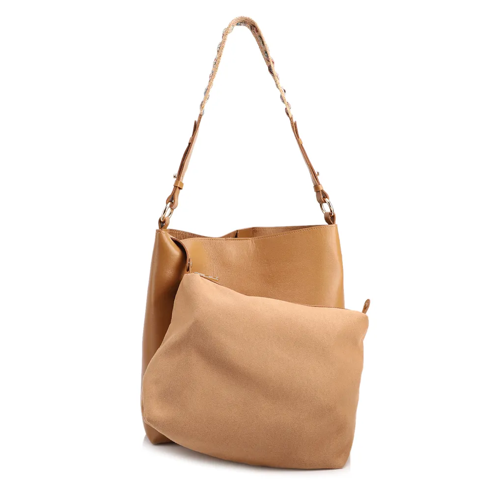 Bolsa Hobo Grande Couro Marrom Claro Alça Ráfia Lenço - imagem 8