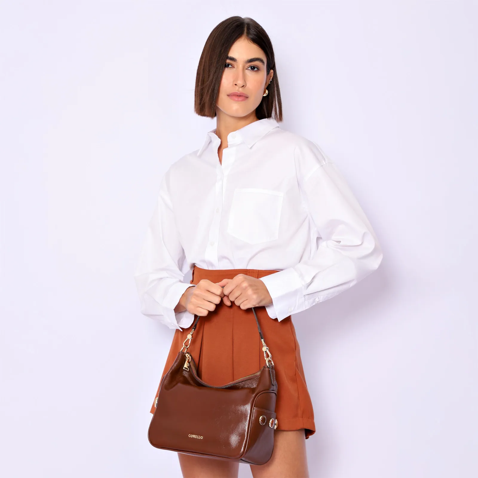 Bolsa Hobo Grande Couro Marrom Claro Pedras Laterais