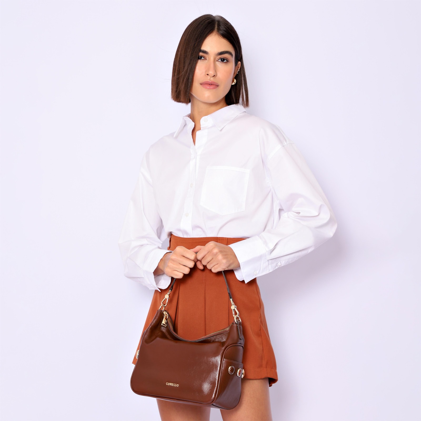 Bolsa Hobo Grande Couro Marrom Claro Pedras Laterais