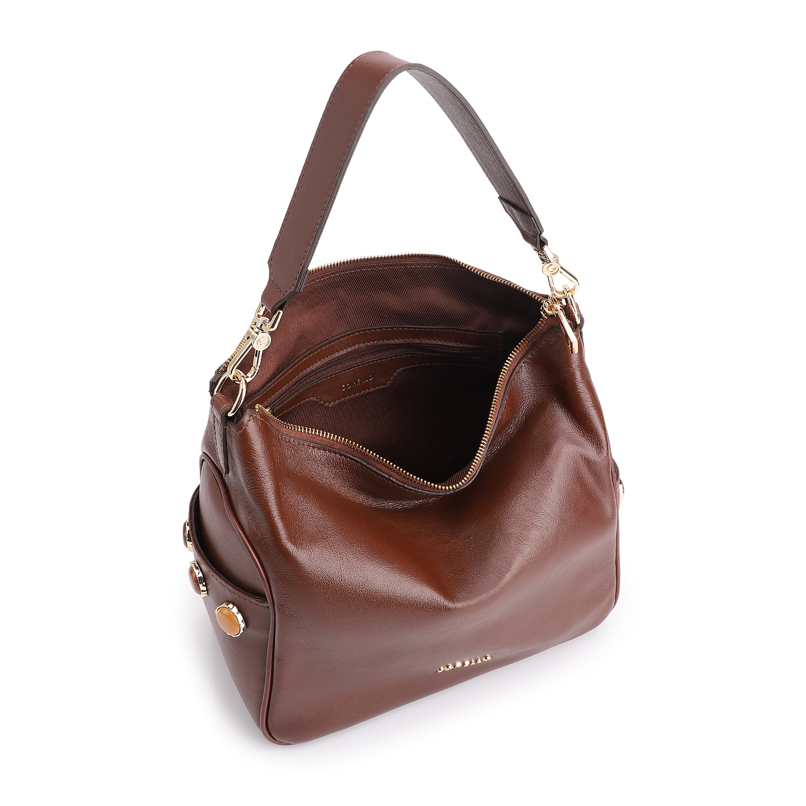 Bolsa Hobo Grande Couro Marrom Claro Pedras Laterais