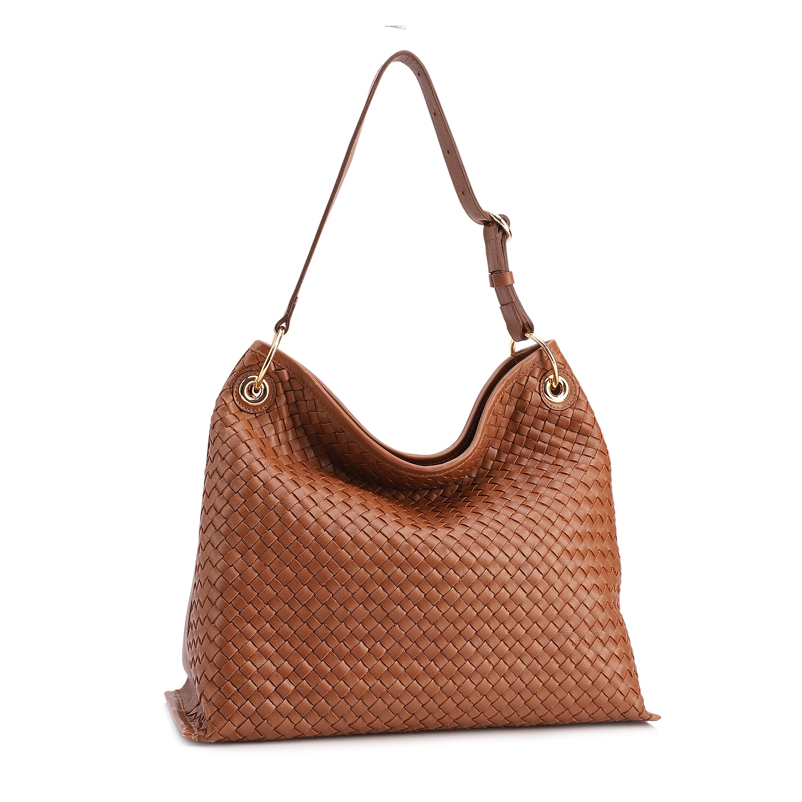 Bolsa Hobo Grande Couro Marrom Claro Tressê Argola