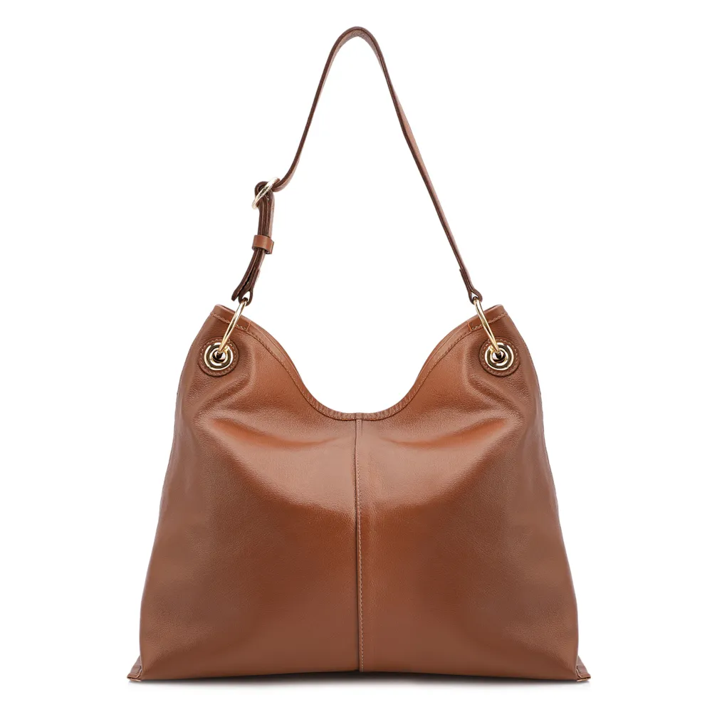 Bolsa Hobo Grande Couro Marrom Claro Tressê Argola - imagem 4