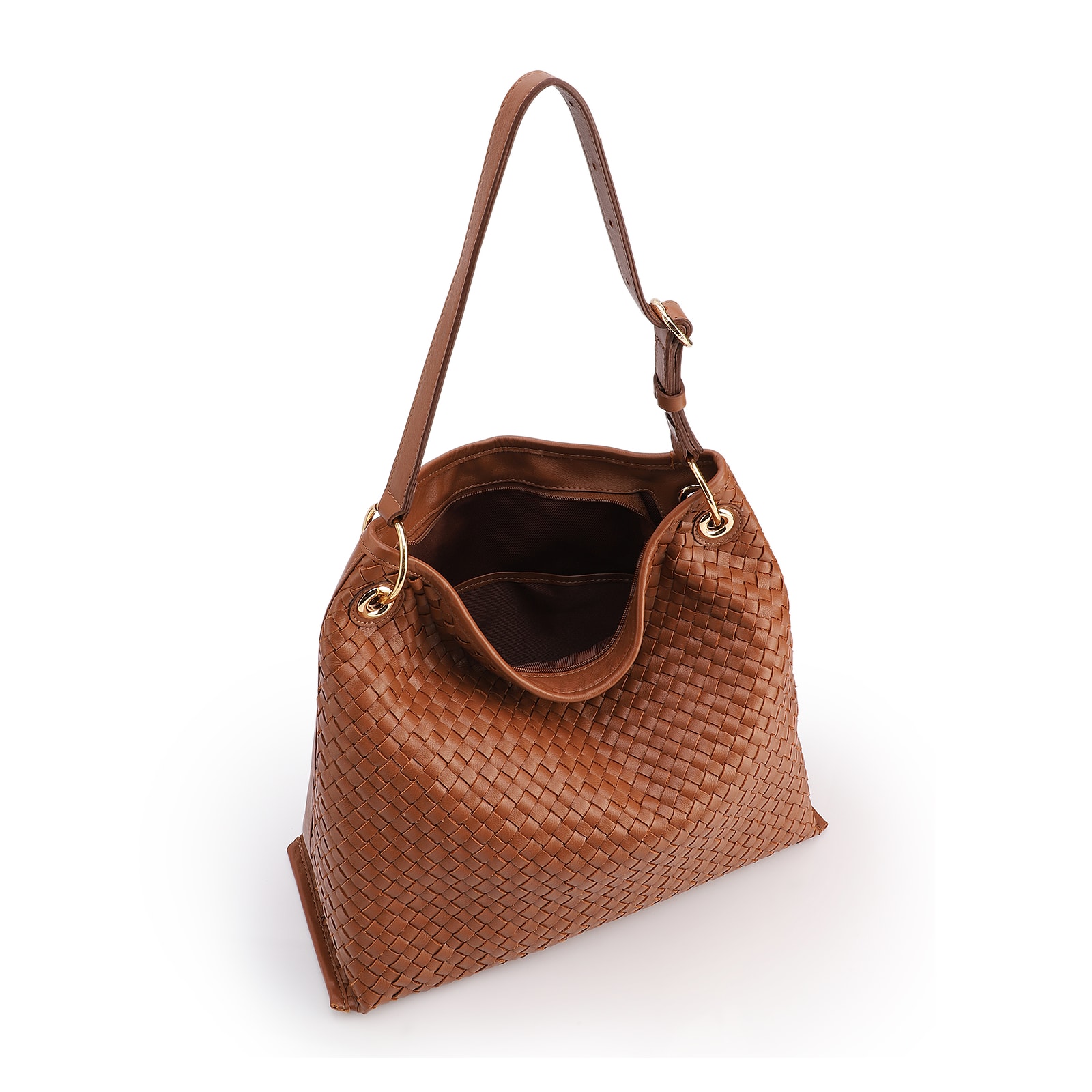 Bolsa Hobo Grande Couro Marrom Claro Tressê Argola