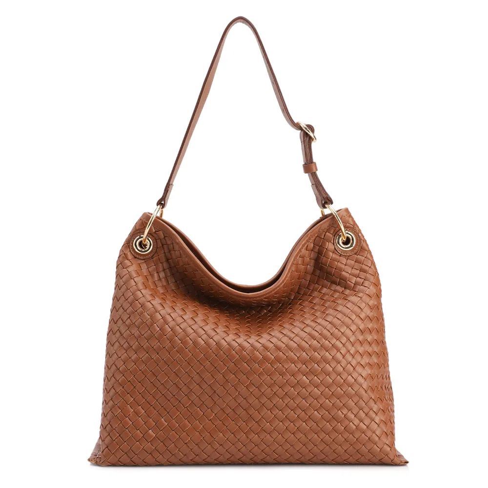 Bolsa Hobo Grande Couro Marrom Claro Tressê Argola