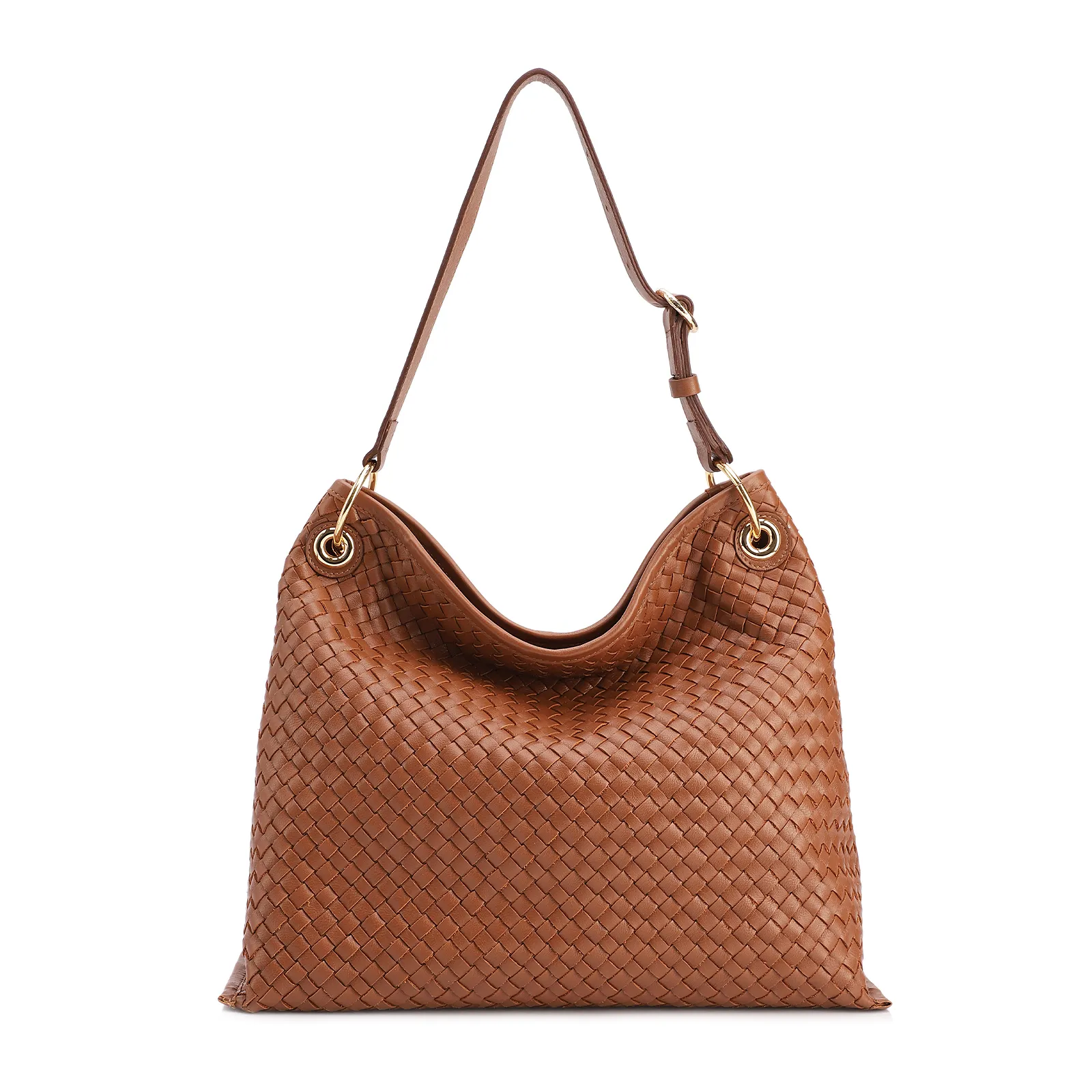 Bolsa Hobo Grande Couro Marrom Claro Tressê Argola