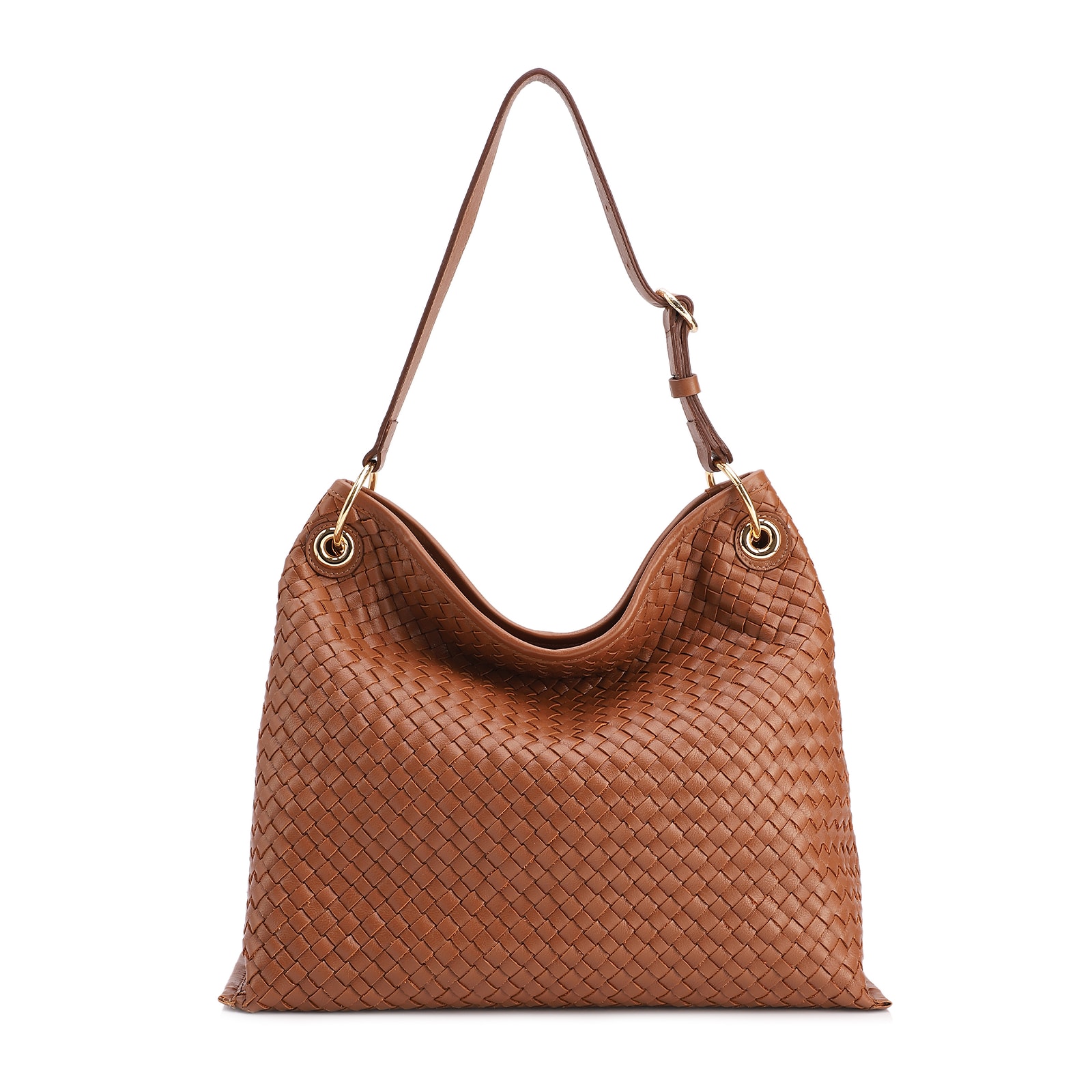 Bolsa Hobo Grande Couro Marrom Claro Tressê Argola