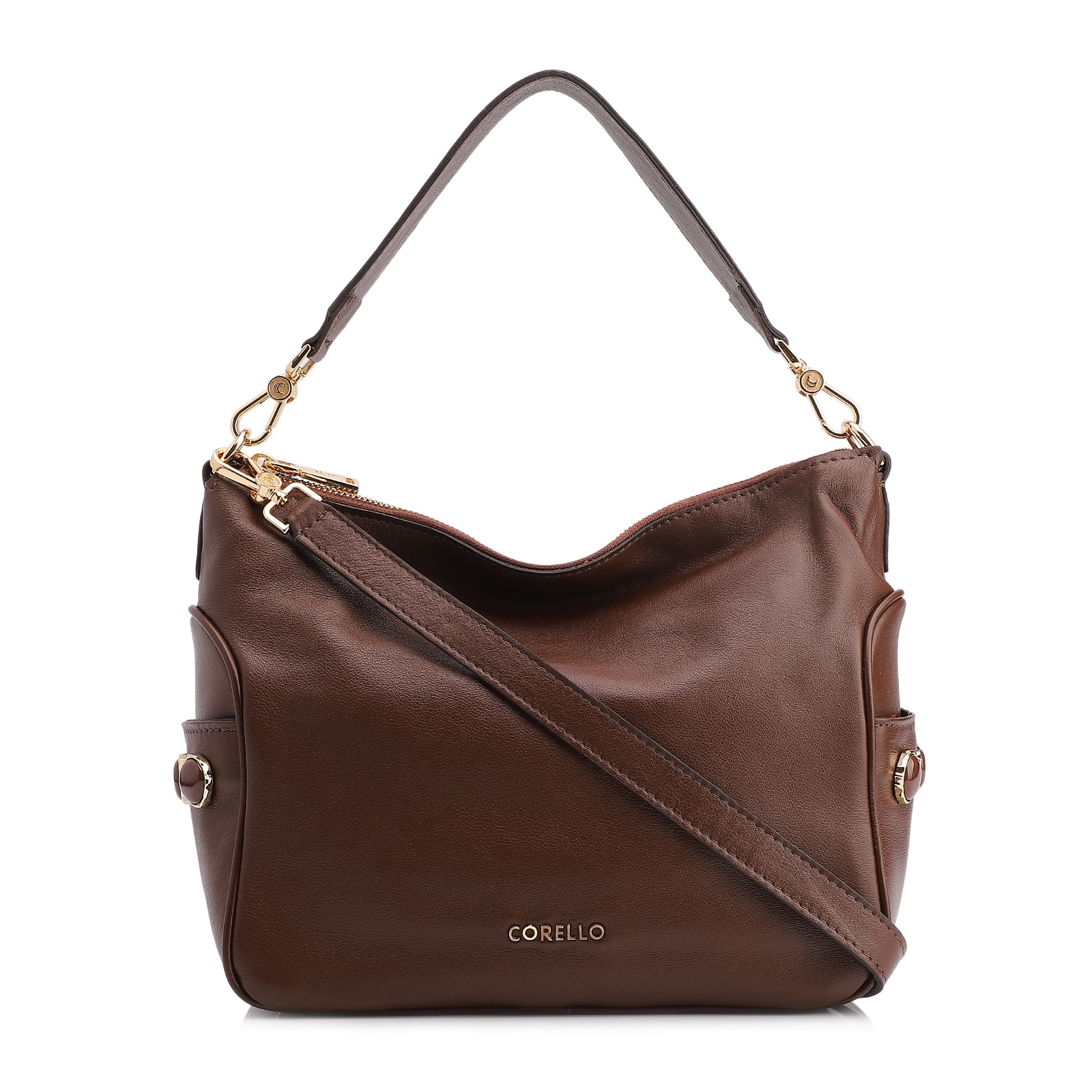 Bolsa Hobo Grande Couro Marrom Escuro Pedras Laterais
