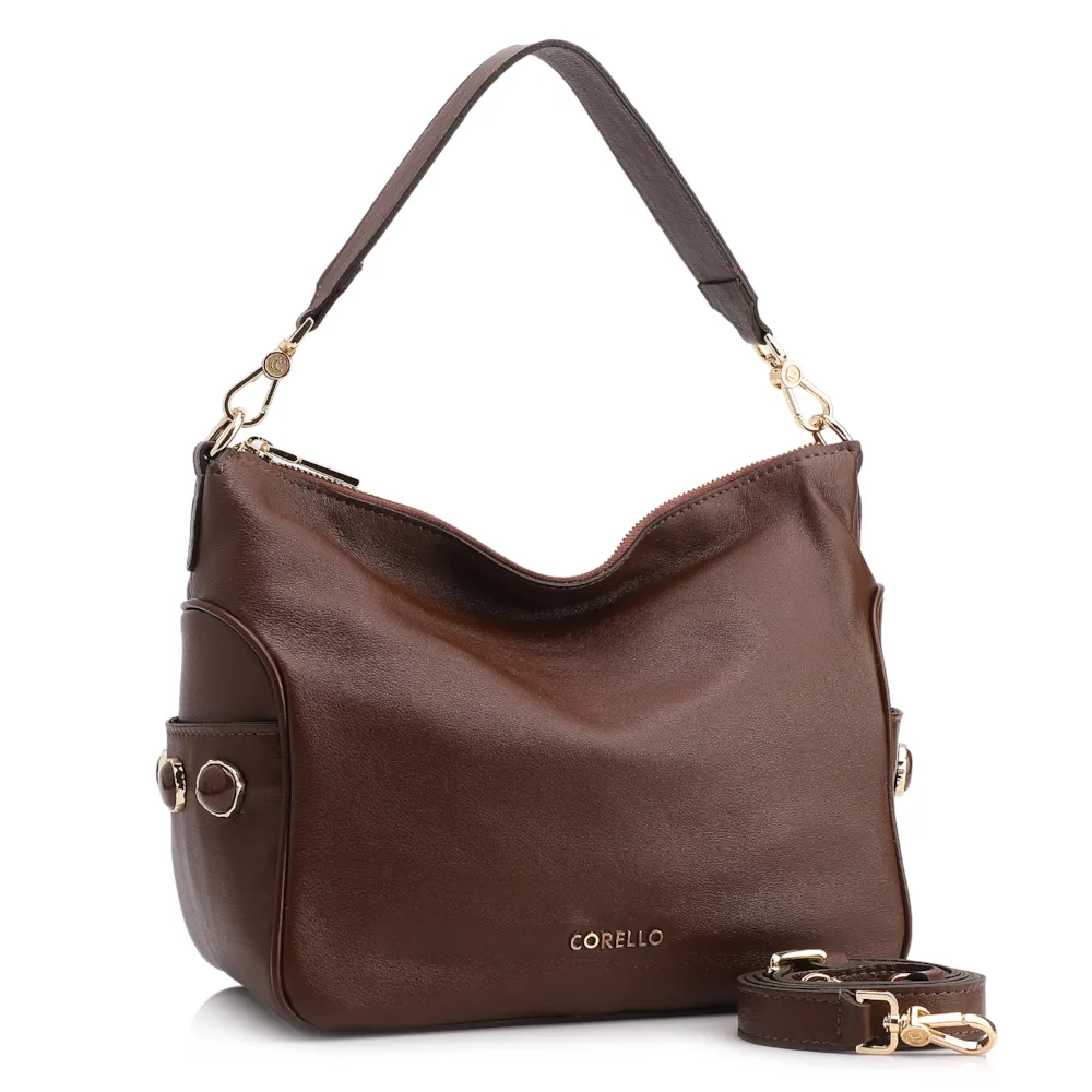 Bolsa Hobo Grande Couro Marrom Escuro  Pedras Laterais - imagem 3