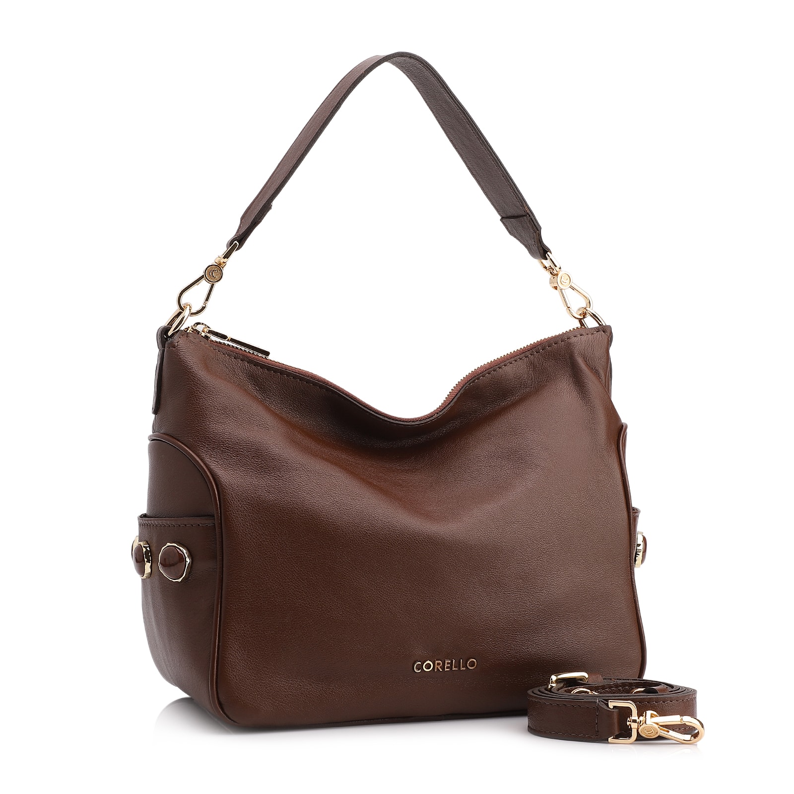 Bolsa Hobo Grande Couro Marrom Escuro Pedras Laterais