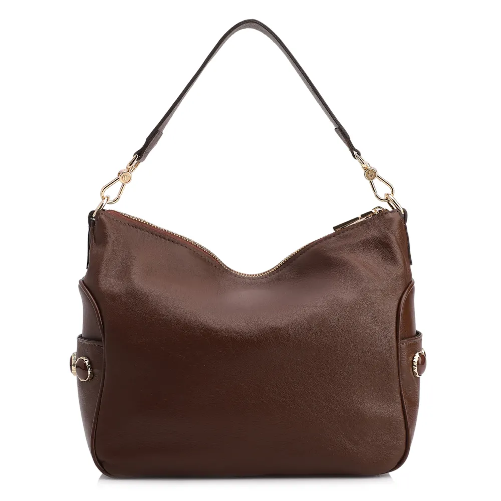 Bolsa Hobo Grande Couro Marrom Escuro  Pedras Laterais - imagem 4
