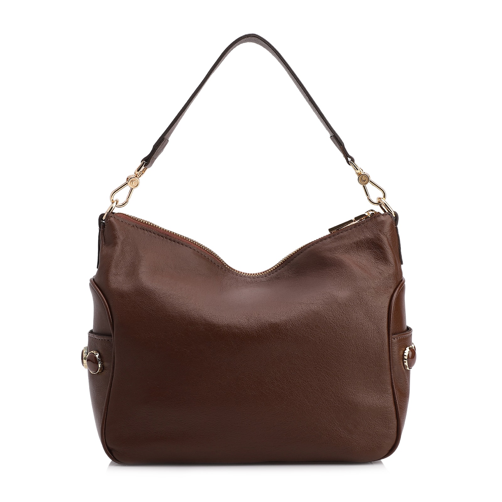 Bolsa Hobo Grande Couro Marrom Escuro  Pedras Laterais