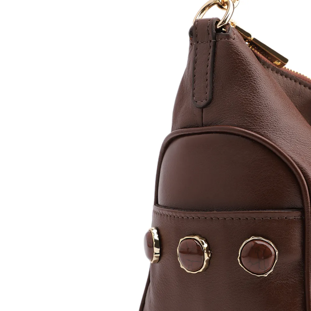 Bolsa Hobo Grande Couro Marrom Escuro  Pedras Laterais - imagem 8