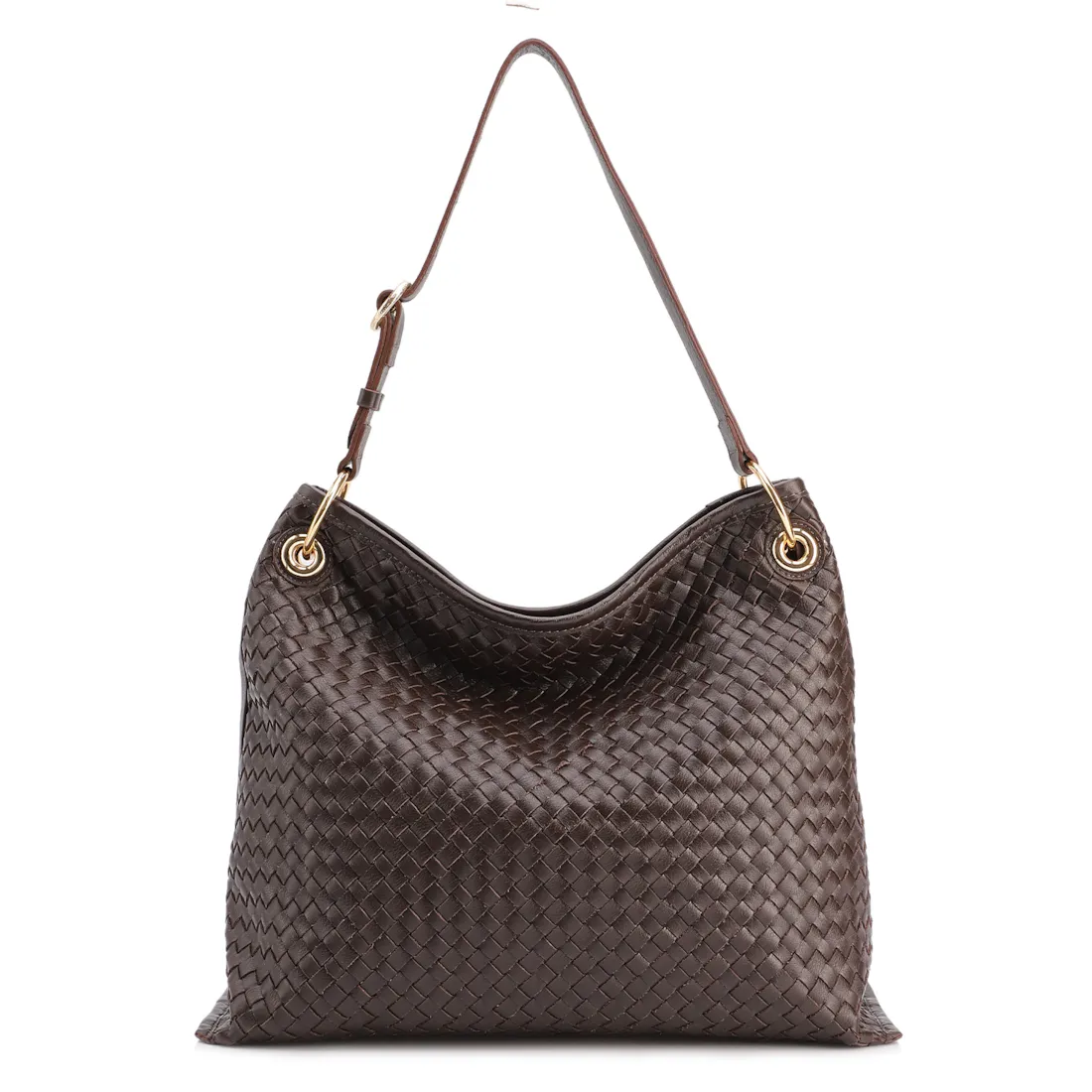 Bolsa Hobo Grande Couro Marrom Escuro Tressê Argola