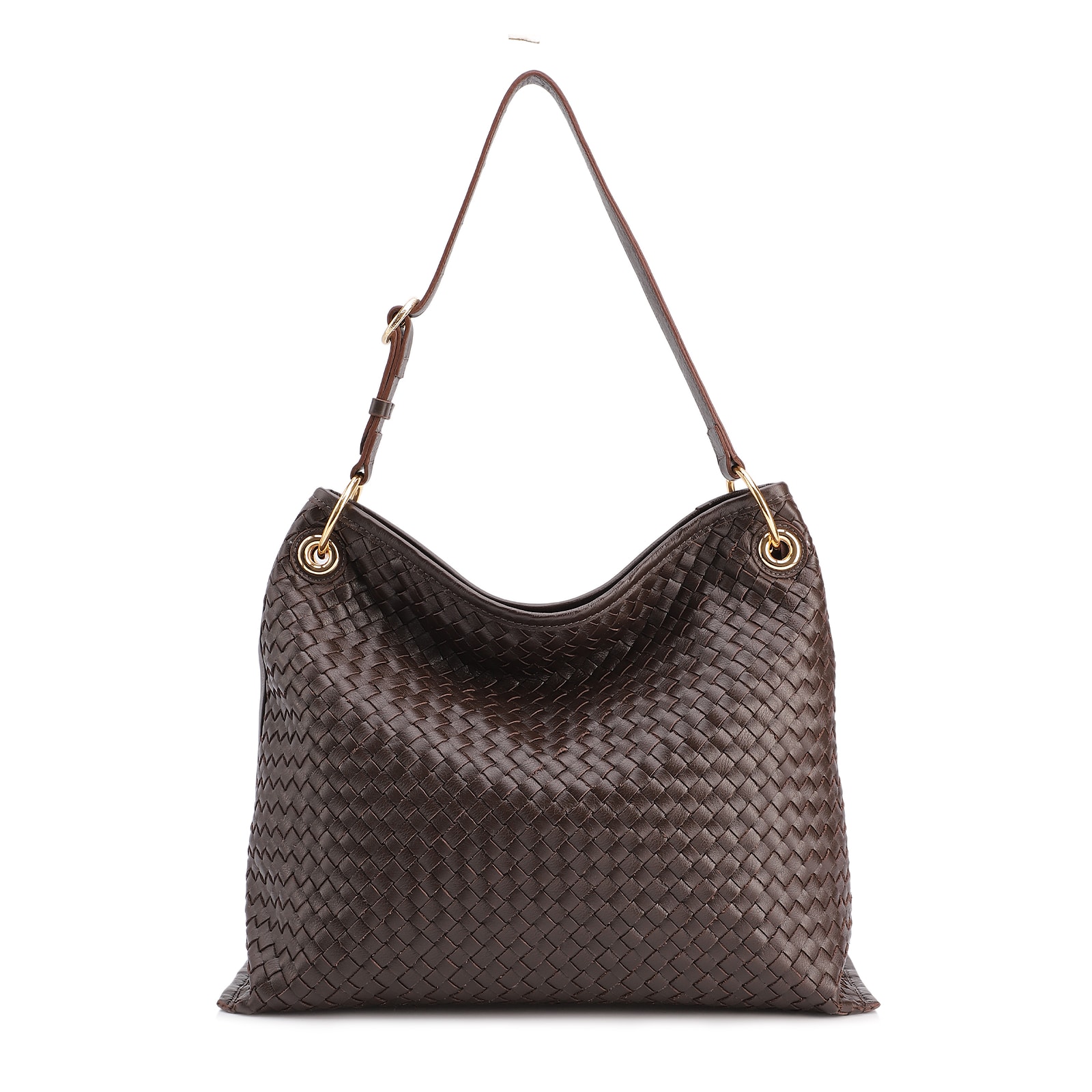 Bolsa Hobo Grande Couro Marrom Escuro Tressê Argola