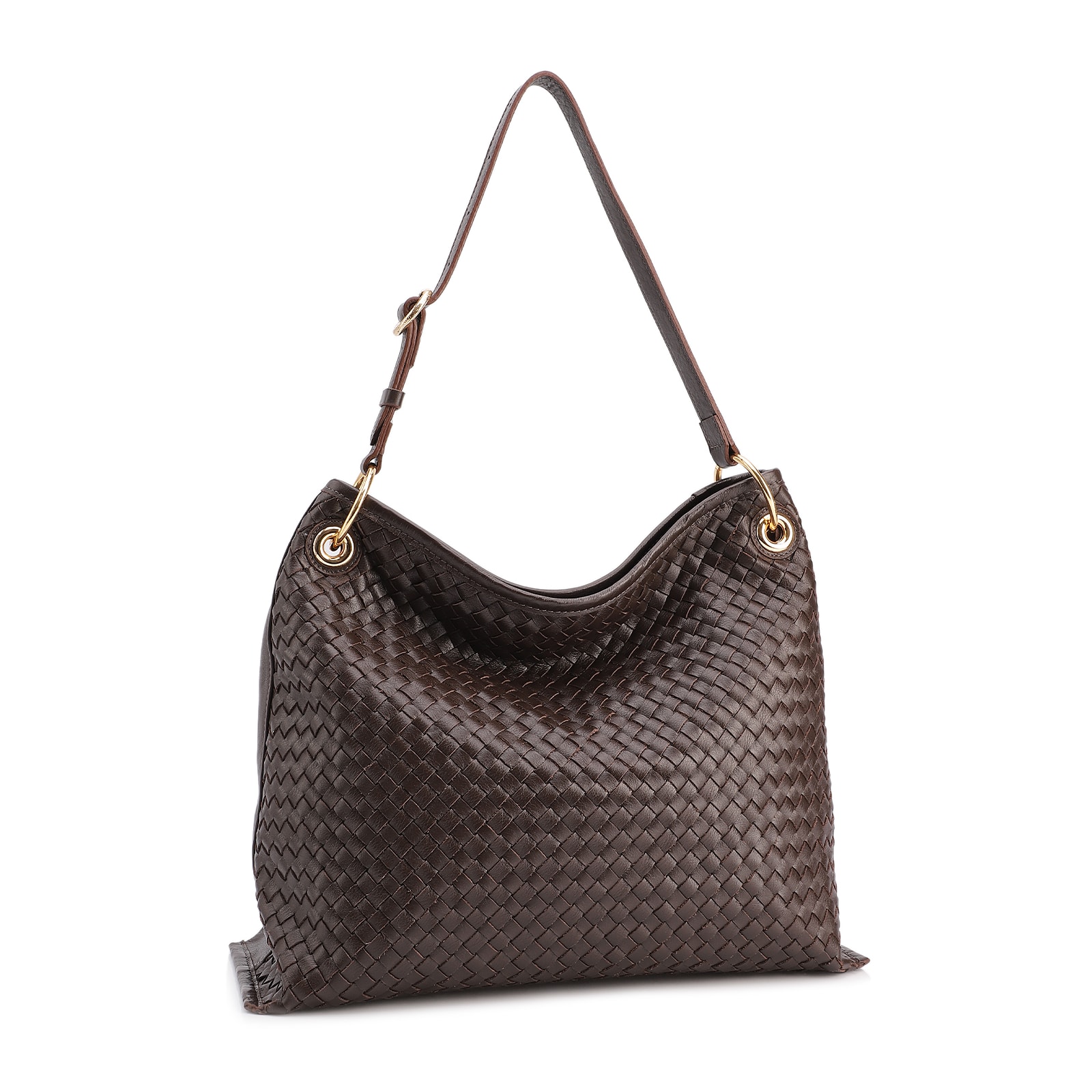 Bolsa Hobo Grande Couro Marrom Escuro Tressê Argola