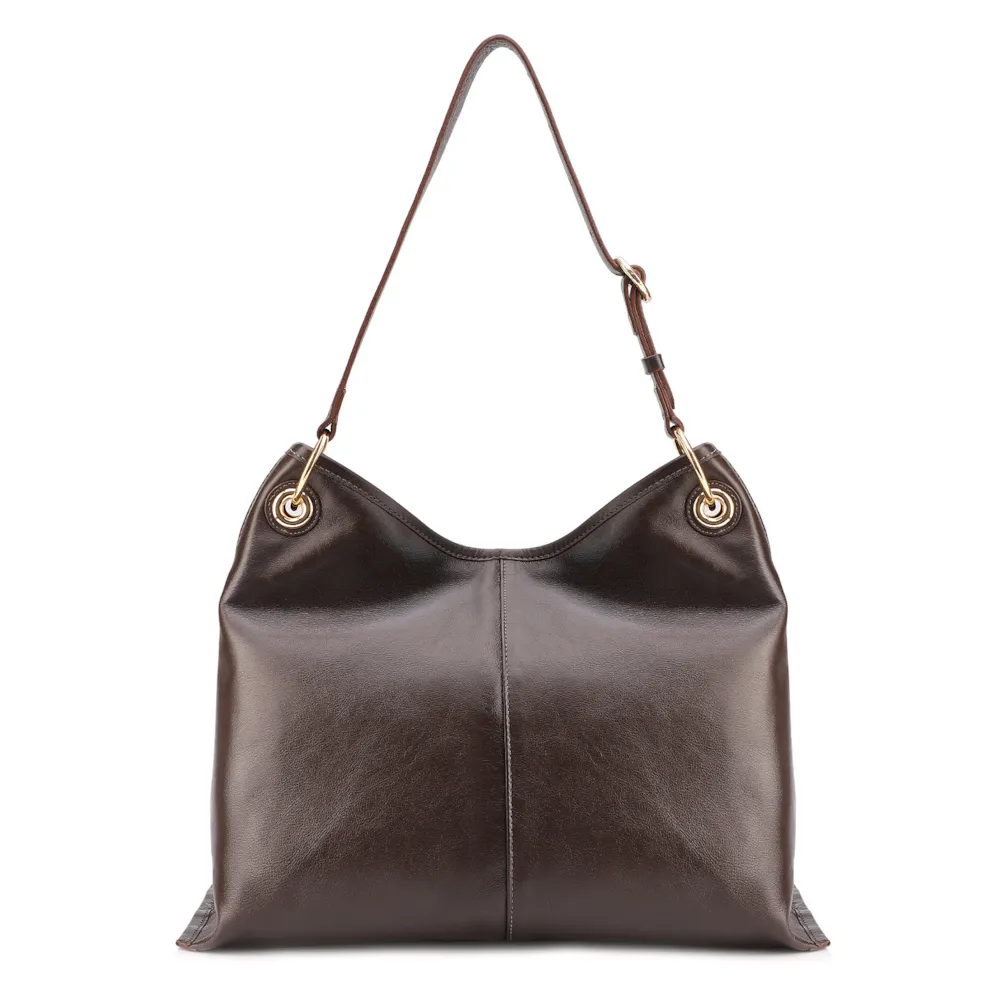 Bolsa Hobo Grande Couro Marrom Escuro Tressê Argola - imagem 4