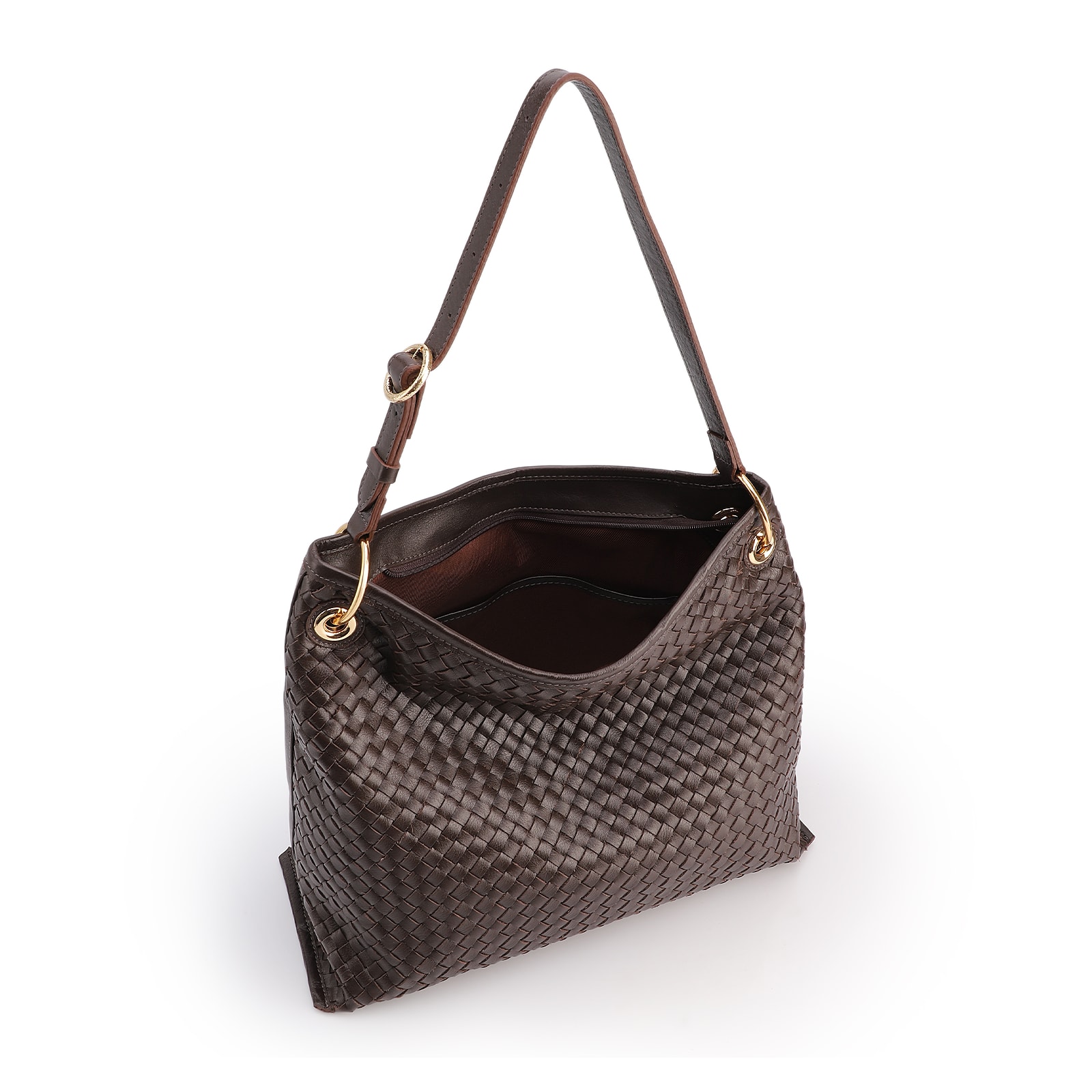 Bolsa Hobo Grande Couro Marrom Escuro Tressê Argola