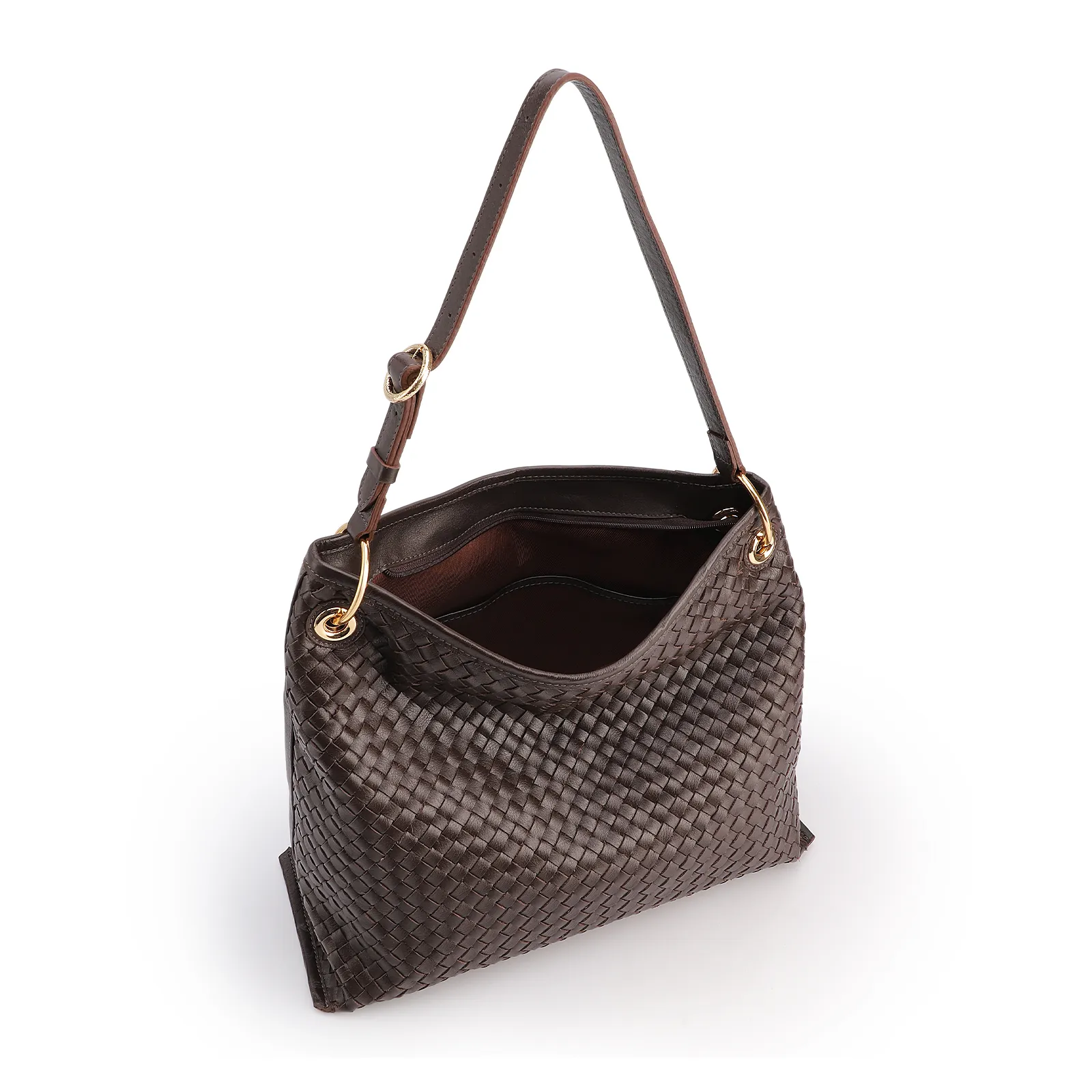 Bolsa Hobo Grande Couro Marrom Escuro Tressê Argola