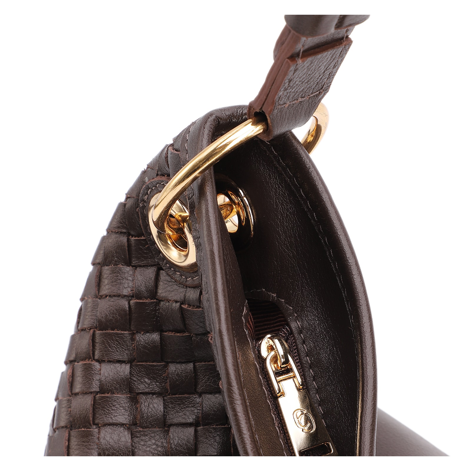Bolsa Hobo Grande Couro Marrom Escuro Tressê Argola