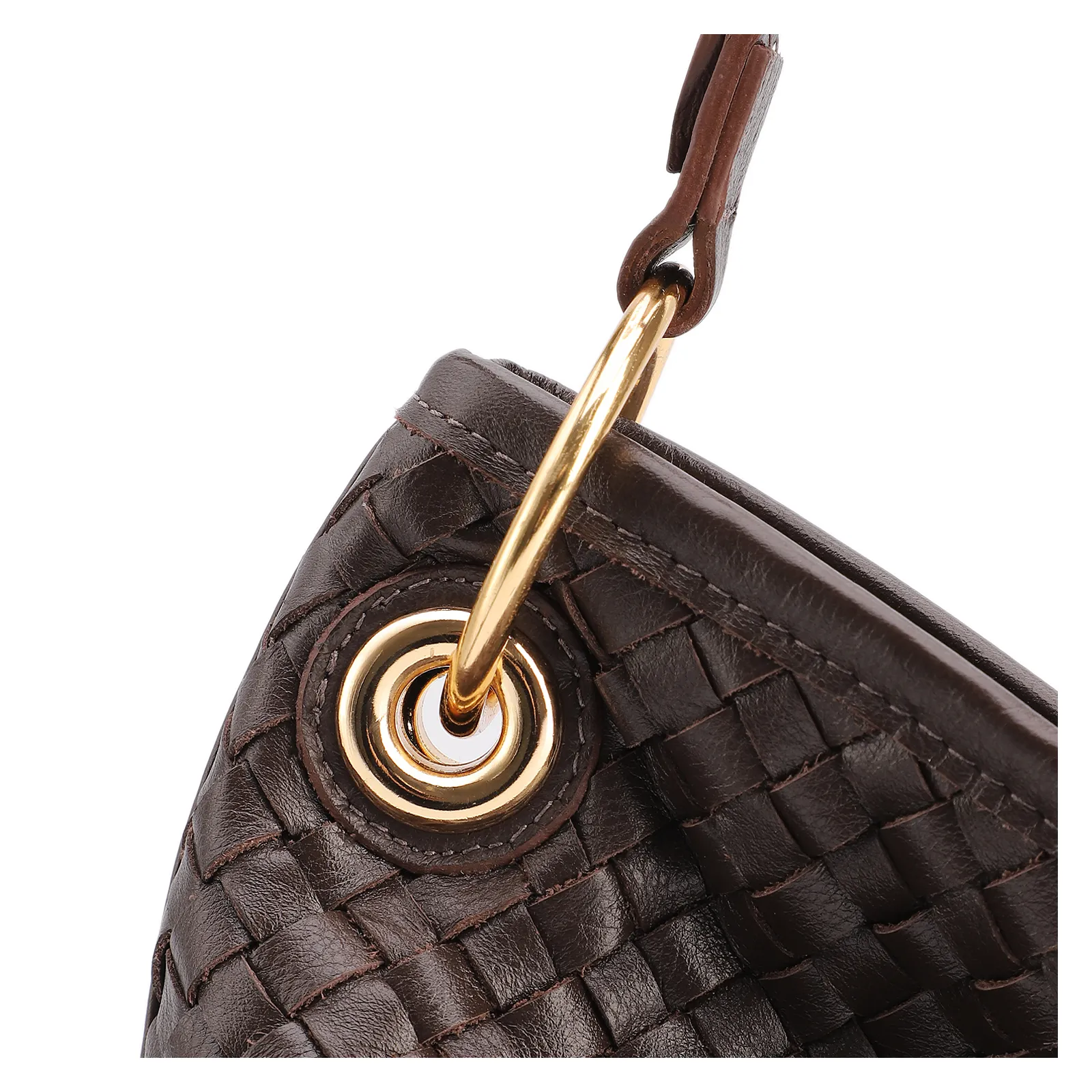Bolsa Hobo Grande Couro Marrom Escuro Tressê Argola