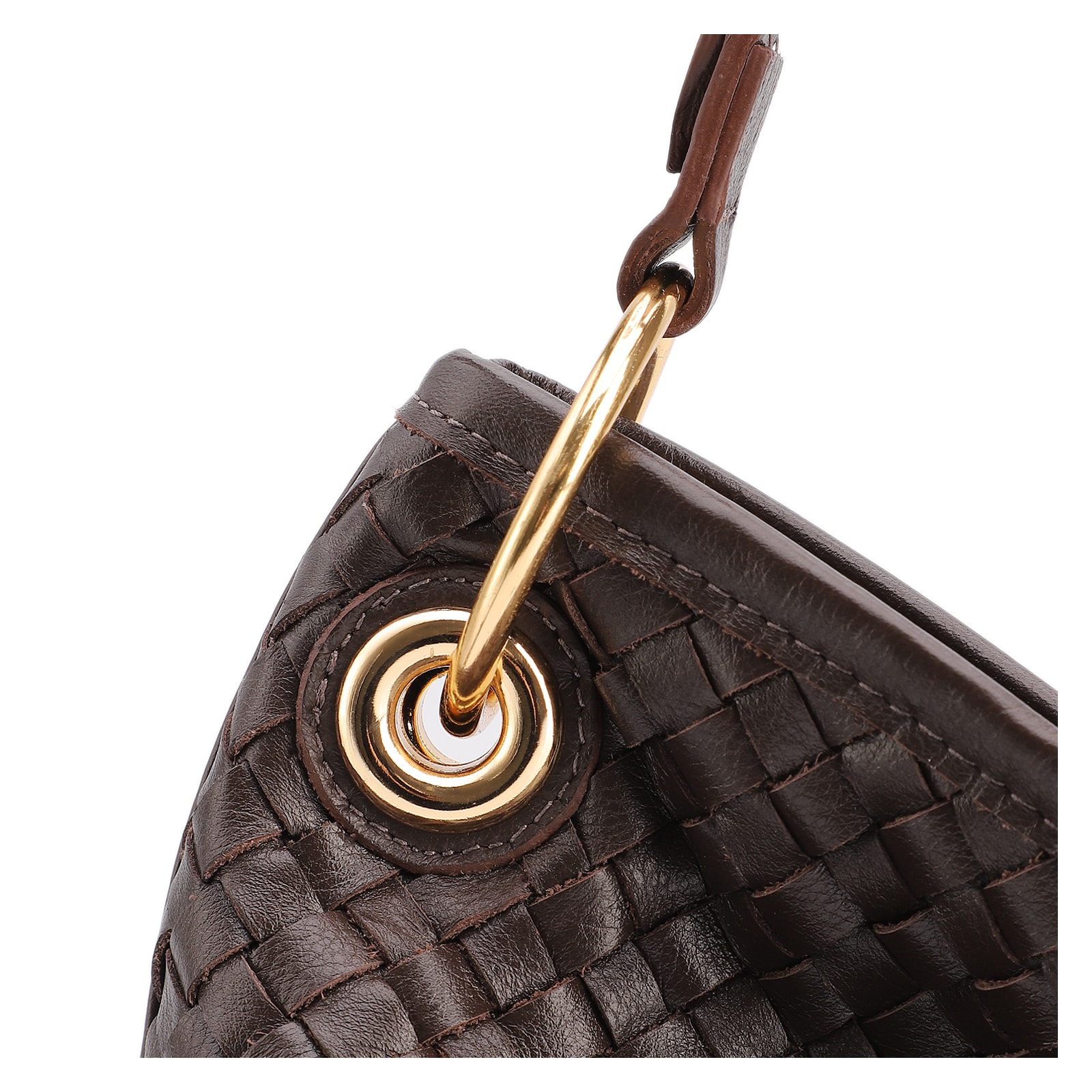 Bolsa Hobo Grande Couro Marrom Escuro Tressê Argola