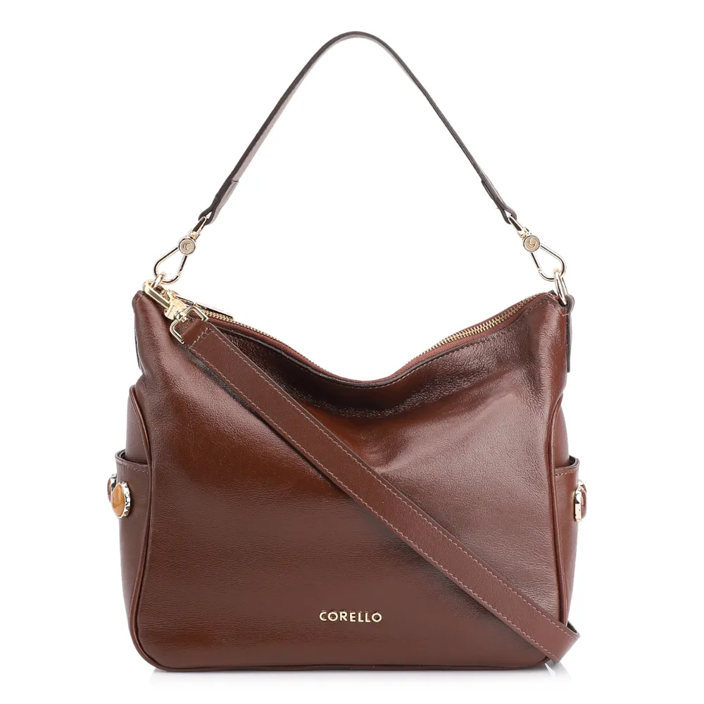 Bolsa Hobo Grande Couro Marrom Pedras Laterais