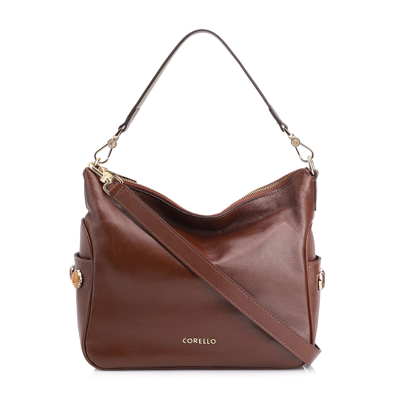 Bolsa Hobo Grande Couro Marrom Pedras Laterais