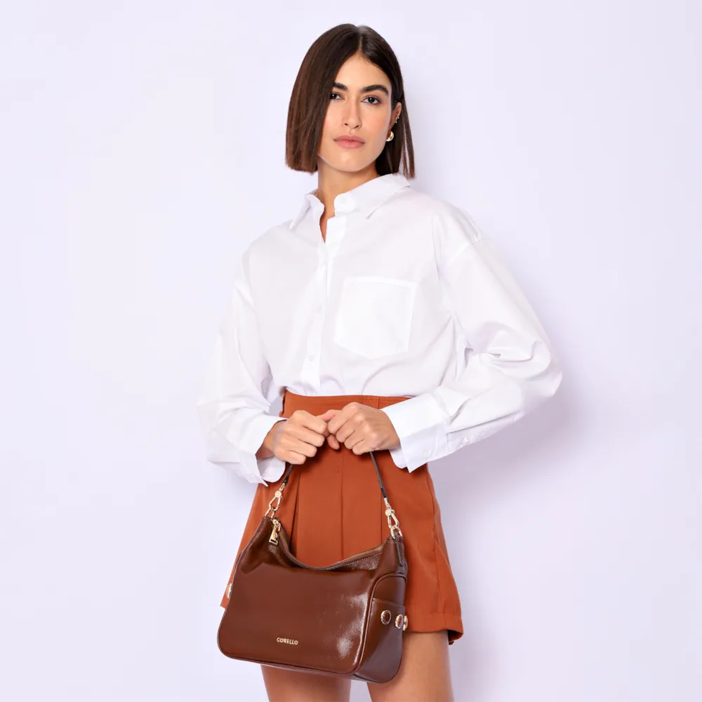 Bolsa Hobo Grande Couro Marrom Pedras Laterais - imagem 2