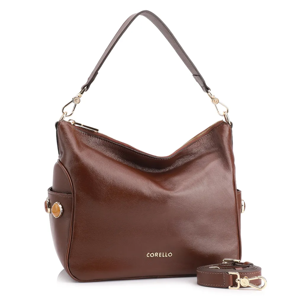 Bolsa Hobo Grande Couro Marrom Pedras Laterais - imagem 3