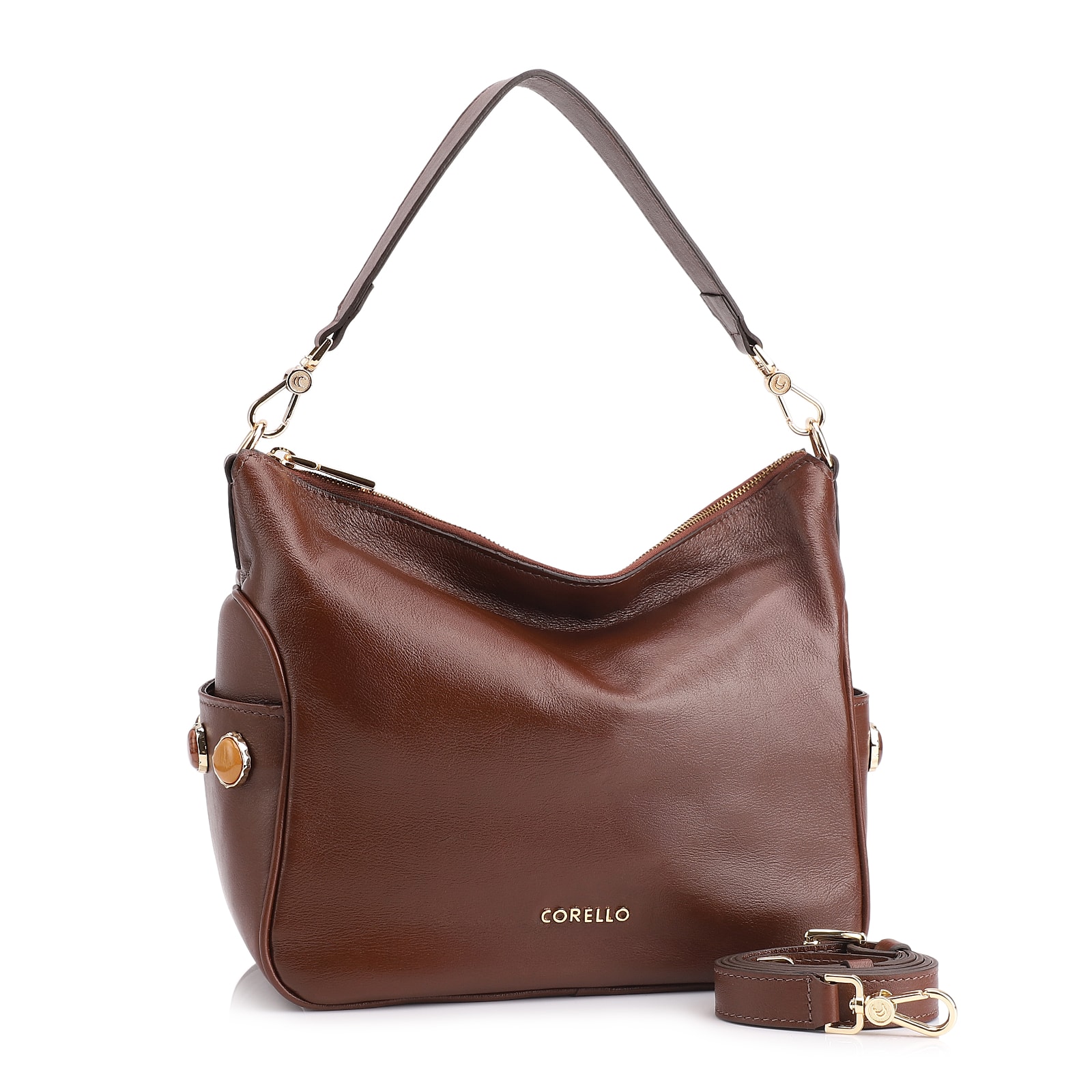 Bolsa Hobo Grande Couro Marrom Pedras Laterais