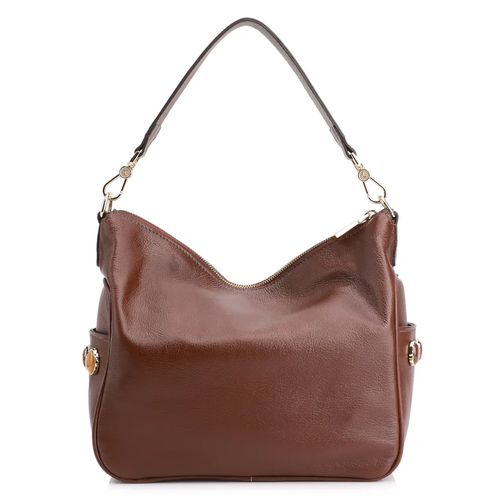 Bolsa Hobo Grande Couro Marrom Pedras Laterais - imagem 4