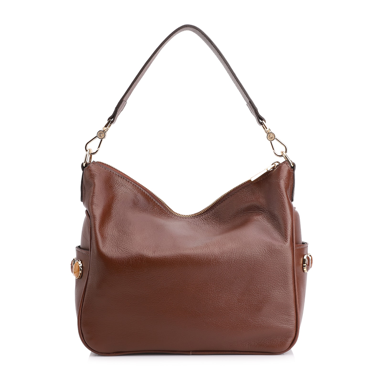 Bolsa Hobo Grande Couro Marrom Pedras Laterais