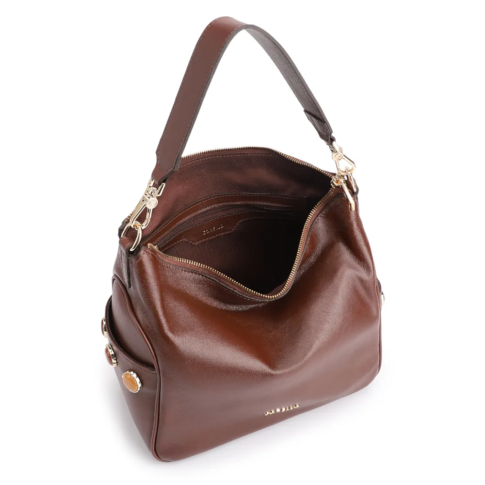 Bolsa Hobo Grande Couro Marrom Pedras Laterais - imagem 5