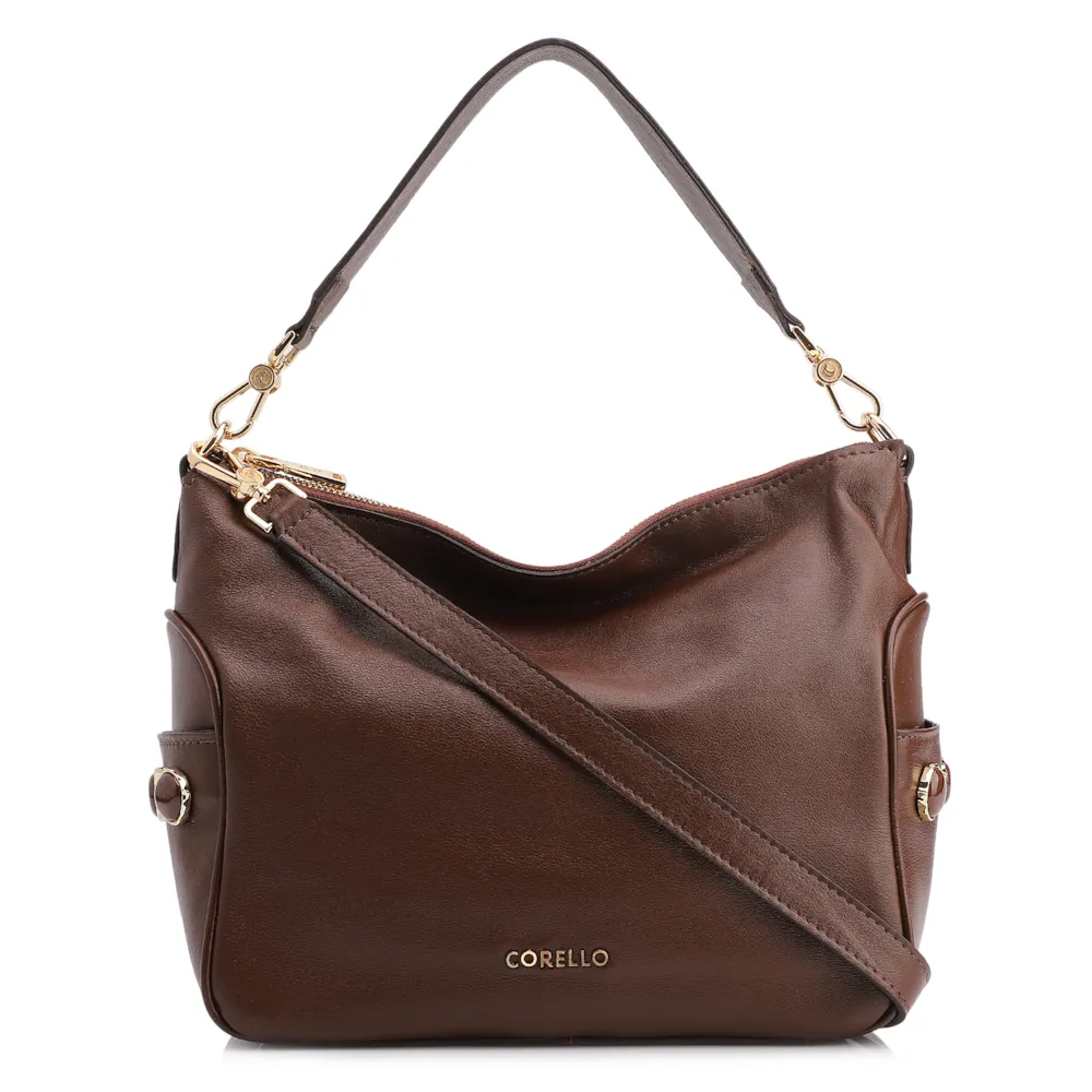 Bolsa Hobo Grande Couro Marrom Pedras Laterais