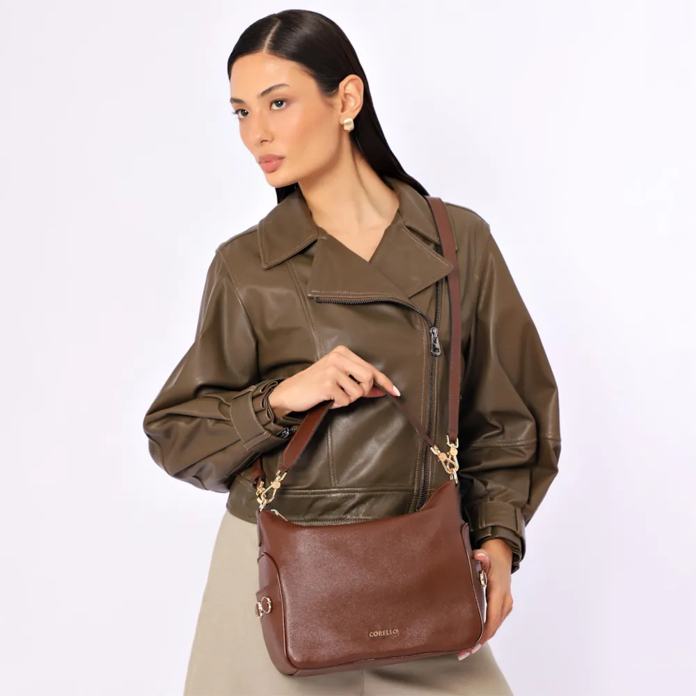 Bolsa Hobo Grande Couro Marrom Pedras Laterais - imagem 2