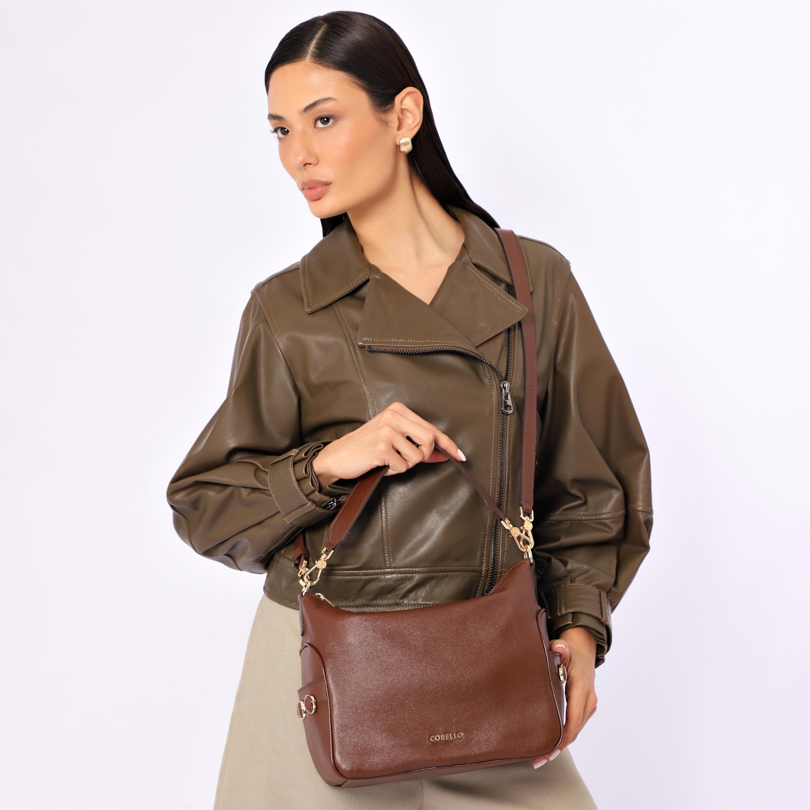 Bolsa Hobo Grande Couro Marrom Pedras Laterais