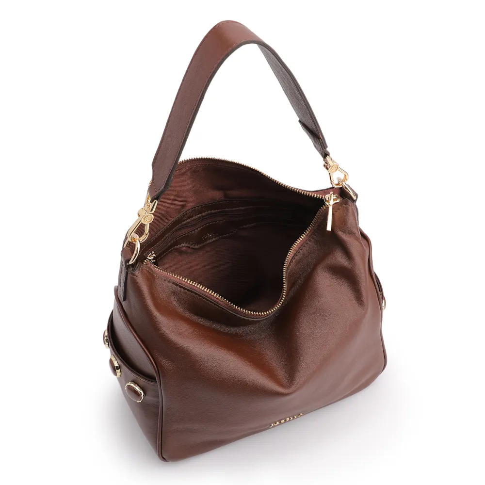 Bolsa Hobo Grande Couro Marrom Pedras Laterais - imagem 5