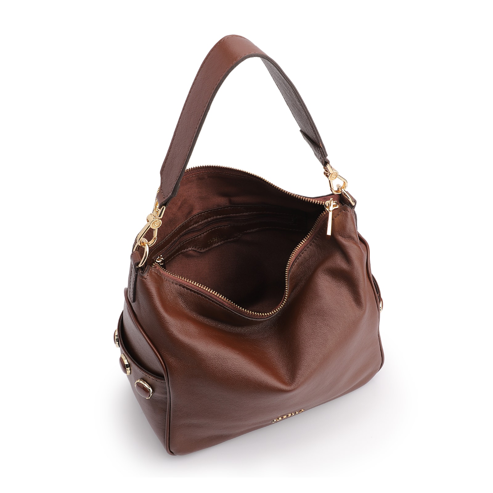 Bolsa Hobo Grande Couro Marrom Pedras Laterais