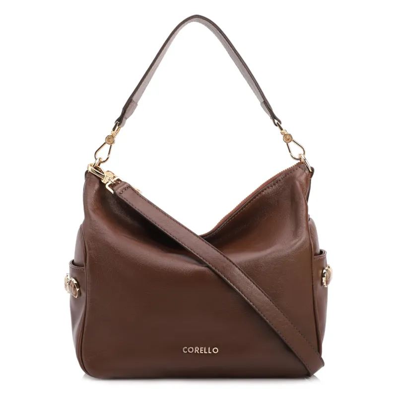 Bolsa Hobo Grande Couro Marrom Pedras Laterais