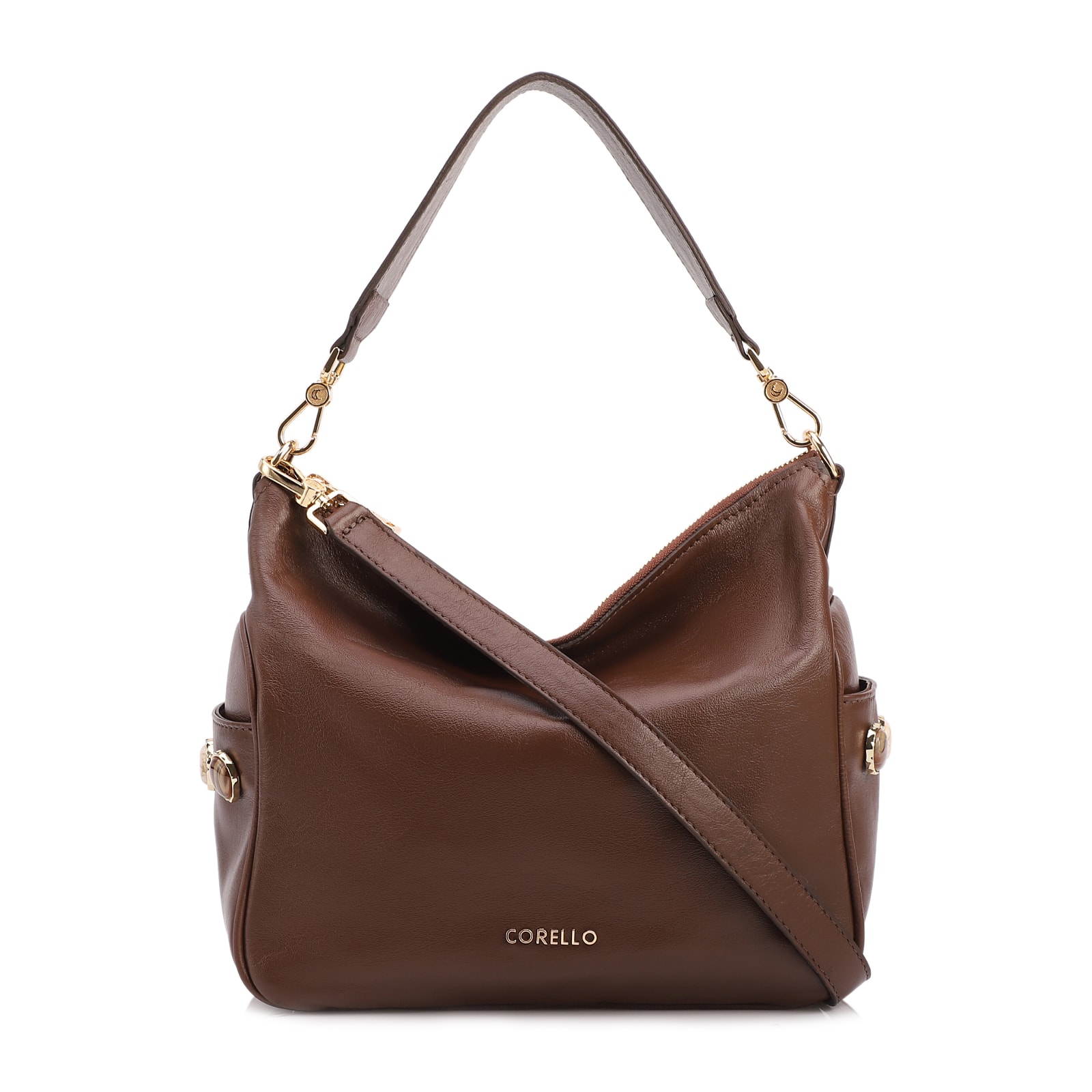 Bolsa Hobo Grande Couro Marrom Pedras Laterais