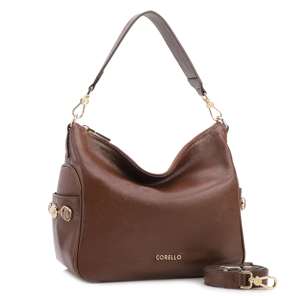 Bolsa Hobo Grande Couro Marrom Pedras Laterais - imagem 2