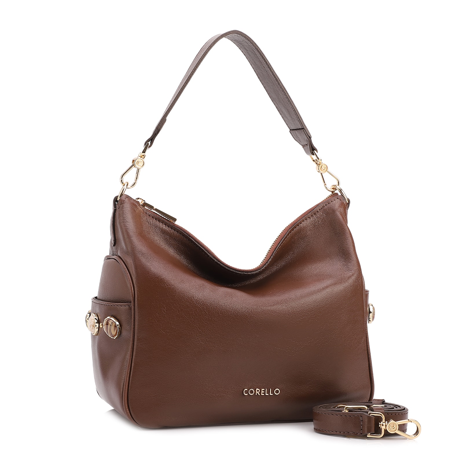 Bolsa Hobo Grande Couro Marrom Pedras Laterais