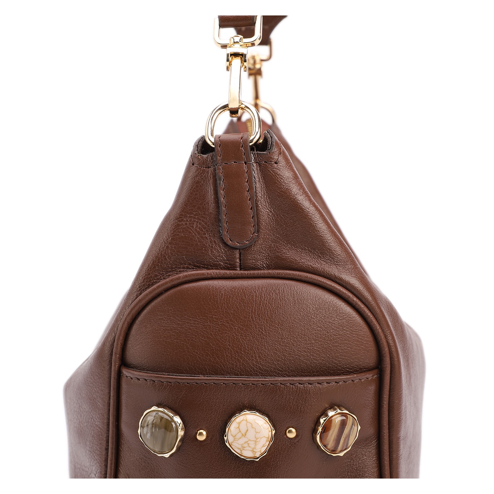 Bolsa Hobo Grande Couro Marrom Pedras Laterais