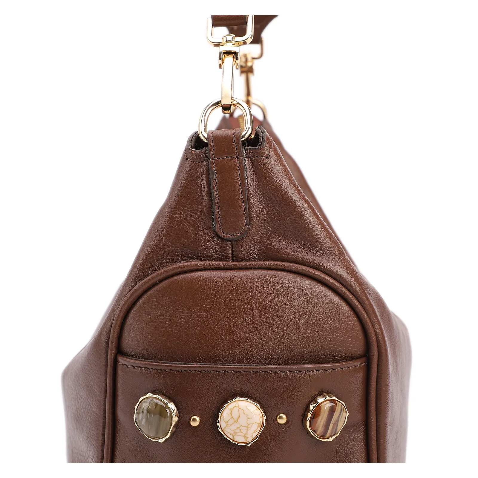 Bolsa Hobo Grande Couro Marrom Pedras Laterais