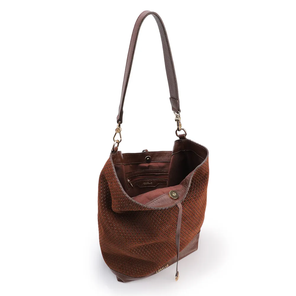 Bolsa Hobo Grande Couro Nobuck Floater /Couro Plume Marrom Perfuros - imagem 4